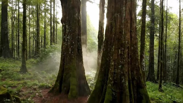 Scenic forest with sunlight streaming through tall trees