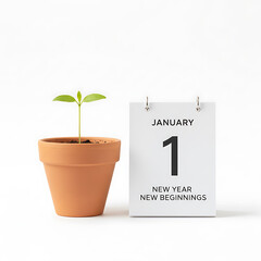Young seedling in a pot next to a january 1st calendar page