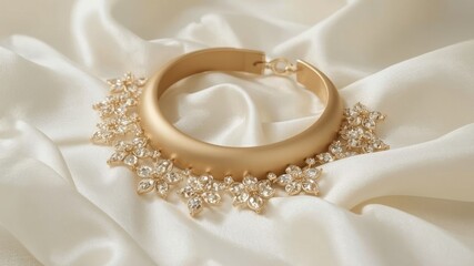 A sculptural matte gold choker necklace with delicate curves and delicate floral details, elegantly placed on satin fabric.