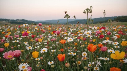 view of a vast meadow with colorful flowers