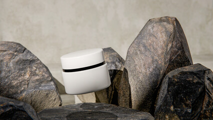 Elegant 3D render of a floating white cosmetic jar among natural stones. Minimalistic product mockup design for skincare, beauty branding, or luxury cosmetic presentation visuals.