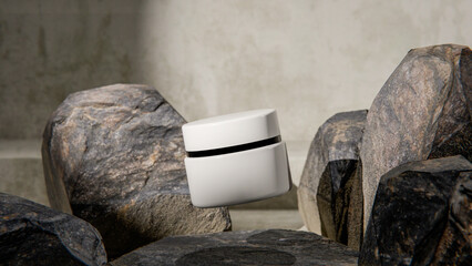 Elegant 3D render of a floating white cosmetic jar among natural stones. Minimalistic product mockup design for skincare, beauty branding, or luxury cosmetic presentation visuals.