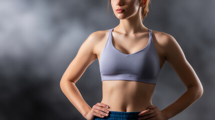 Fit woman in sports bra and shorts posing confidently with hands on hips against a blurred gray background, showcasing toned arms and abs
