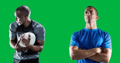 Two diverse male rugby players against copy space on transparent background
