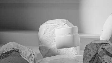 Elegant 3D render of a floating white cosmetic jar among natural stones. Minimalistic product mockup design for skincare, beauty branding, or luxury cosmetic presentation visuals.
