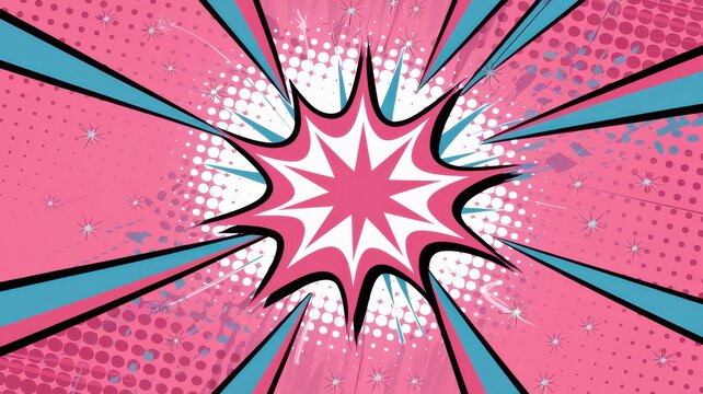 Dynamic comic book explosion burst with vibrant pink and aqua action lines and halftone dots, perfect for energetic graphic design backgrounds.