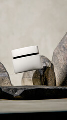 Elegant 3D render of a floating white cosmetic jar among natural stones. Minimalistic product mockup design for skincare, beauty branding, or luxury cosmetic presentation visuals.
