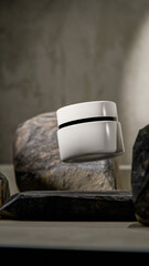 Elegant 3D render of a floating white cosmetic jar among natural stones. Minimalistic product mockup design for skincare, beauty branding, or luxury cosmetic presentation visuals.