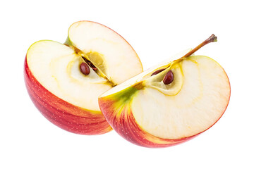 A vibrant red apple is precisely sliced into two halves, revealing its fresh inner core and seeds,...