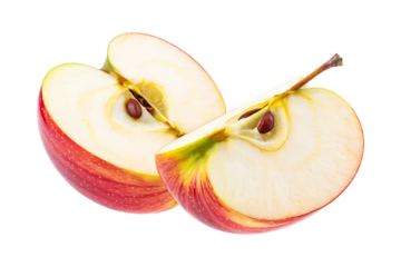 A vibrant red apple is precisely sliced into two halves, revealing its fresh inner core and seeds, transparent png isolated.