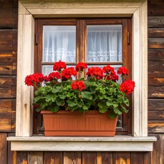 Wooden window with red flowers