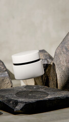 Elegant 3D render of a floating white cosmetic jar among natural stones. Minimalistic product mockup design for skincare, beauty branding, or luxury cosmetic presentation visuals.