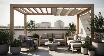 Fototapeta premium Rooftop Oasis - Modern Pergola and Outdoor Living Space.