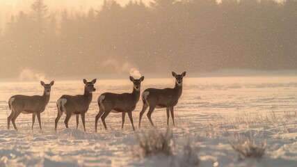 a group of deer in a snowy meadow
