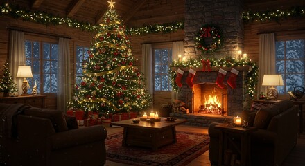 Obraz premium Cozy Christmas Cabin Interior With Fireplace And Decorated Tree Holiday Scene Warmth