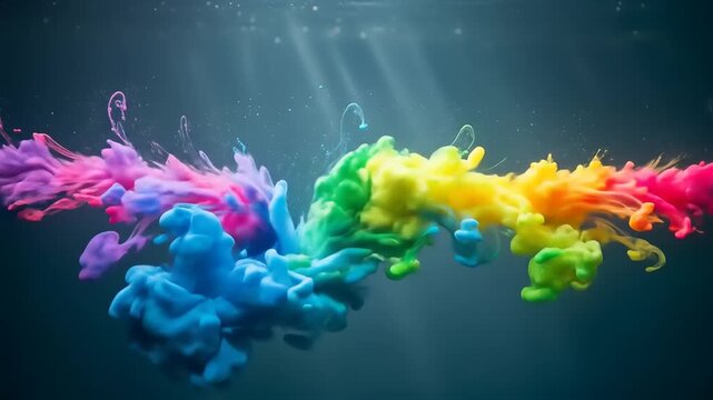 Colorful Ink Clouds Swirling Underwater with Light Rays.