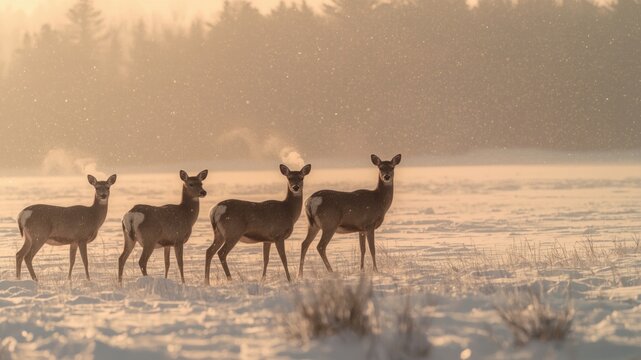 a group of deer in a snowy meadow