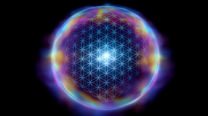 Glowing sphere with a luminous geometric pattern resembling the Flower of Life, surrounded by colorful, radiant energy on a dark background