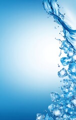 Water Splash and Ice Cubes on Blue Gradient Background Refreshing Cold Drink