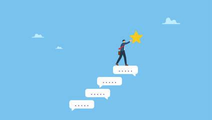 Businessman climb up conversation bubble to reach star. Communication for success, effective meeting or discussion to get solution and achieve target, meeting or conversation to reach goal.