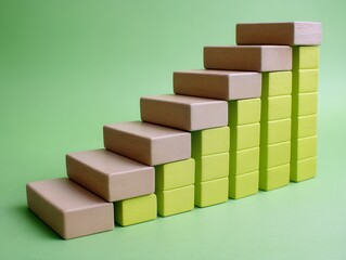 Wooden Blocks Arranged as a Step Graph on Green Background in Studio Shot
