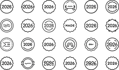 Minimal Gift Box Icon Set with “2026” Text – Modern Line Style Present Icons for New Year, Holiday Celebration, and Event Design – Vector Outline Symbol Pack for Greeting Cards, Websites, Calendars