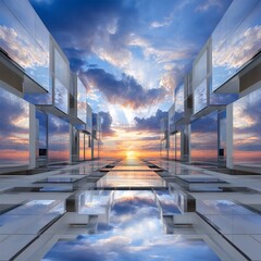 Architectural Corridor Mirroring Sunset with Reflections and Clouds Background