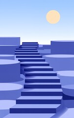 Blue Minimalist Staircase Ascending Under a Sun in a Sky Blue Background