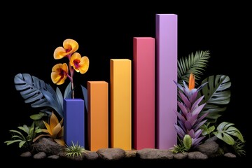 Colorful Bar Graph Display Amidst Tropical Foliage and Rocks on a Black Background