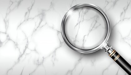 Close up View of Magnifying Glass on White Marble Background with Silver Frame