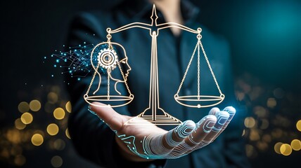 Artificial intelligence and law balance concept with holographic digital scale
