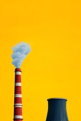 Red and White Striped Industrial Chimney with Smoke Against a Solid Yellow Background Graphic