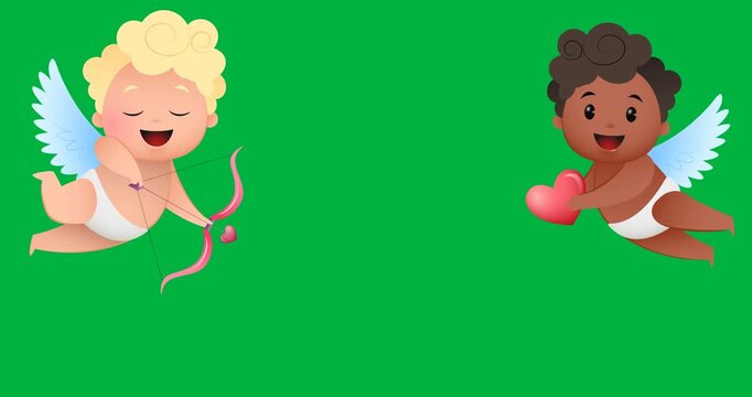 Two diverse baby angels with bow arrow and heart icon with copy space on transparent background