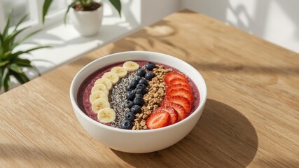 A vibrant berry smoothie bowl with chia granola