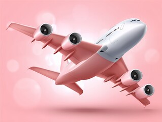 Rose Colored Commercial Airliner Ascending with Engine Detail on Soft Blurry Pink Backdrop