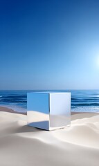 Shiny Metallic Cube on a Sandy Beach with Clear Blue Sky and Ocean Waves