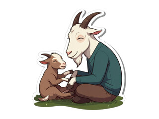 heartwarming illustration of a father goat and its kid bonding affectionately.