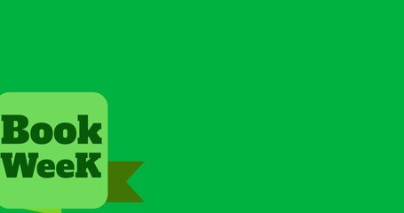 Digital animation of book week text over green banner against transparent background