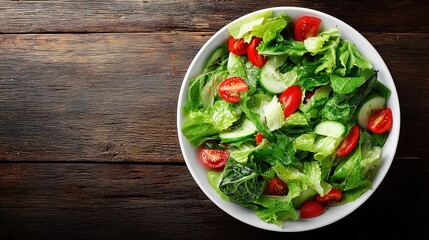 chopped. Vibrant salad bowl with fresh greens, cherry tomatoes, and cucumber slices arranged on a rustic wooden table. menu design.