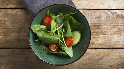 chopped. Vibrant salad bowl with fresh greens, cherry tomatoes, and cucumber slices arranged on a rustic wooden table. menu design.