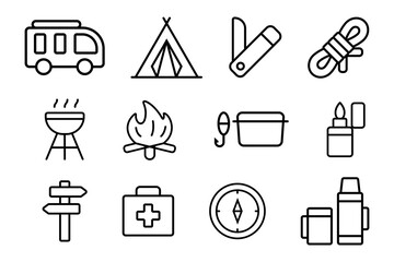 Camping gear icon set on white background. Symbol of tent, campfire, lighter, first aid kit, fishing gear, knife, rope, compass, road sign, grill, mug. Camping equipment outline editable vector stock
