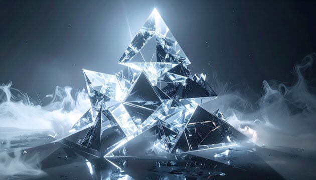 Intricate geometric crystalline structure illuminated, featuring multiple interlocking triangular facets, bathed in ethereal light and a misty, smoky atmosphere, creating a visually striking and...