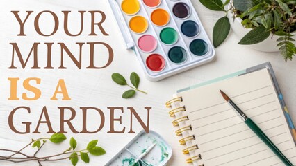 Inspirational Quote on Creativity and Growth with Watercolor Palette and Notebook on Wooden Table