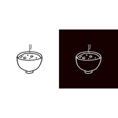 A minimalist line art icon of a steaming bowl of soup or broth with diced ingredients, shown on both white and black backgrounds. This clean design is perfect for a menu or food blog graphic