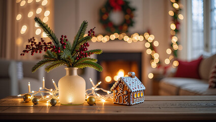 Warm bokeh Christmas decorations in soft focus providing clean horizontal space for text and product placement