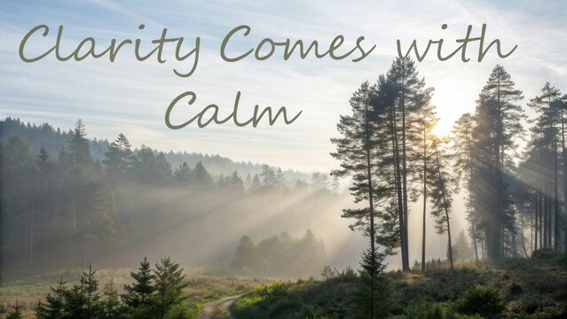 Serene Forest Landscape with Soft Light and Inspirational Quote About Calmness and Clarity in Nature's Beauty