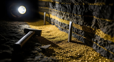 Mining Tunnel Wall with Gold Nuggets and Tools in Low Light