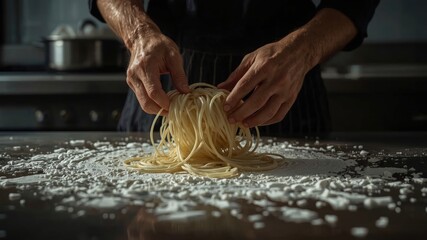 a man's hands making noodle dough