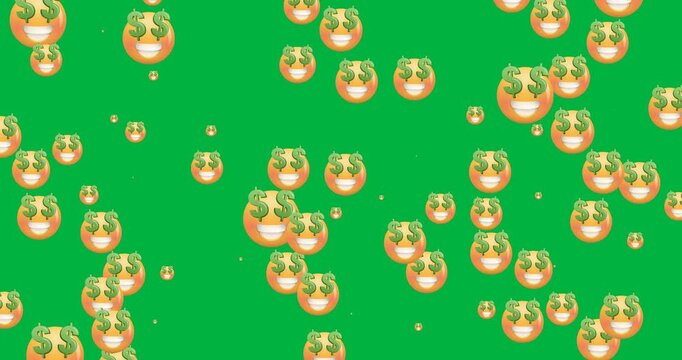 Digital animation of multiple money eyes face emoji against transparent background