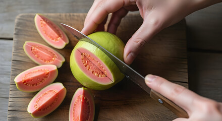 Person Cutting Green Papaya on Wooden Cutting Board with Sliced Pieces in Kitchen